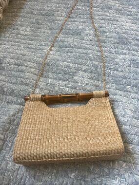 Lisi Lerch Woven Straw Crossbody Bag with Bamboo Handle in Natural gold chain